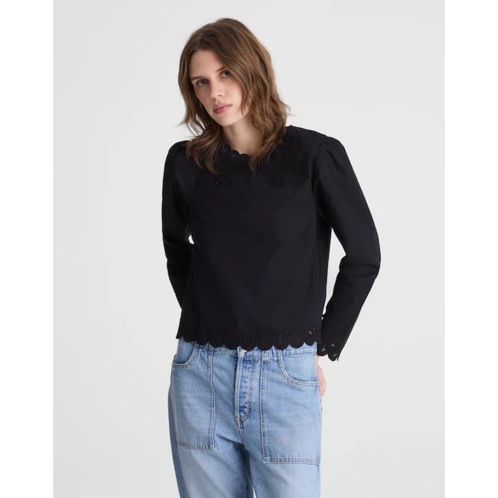 Madewell Women's Jet Black Embroidered Puff-Sleeve Top in Poplin NY327 Small NEW